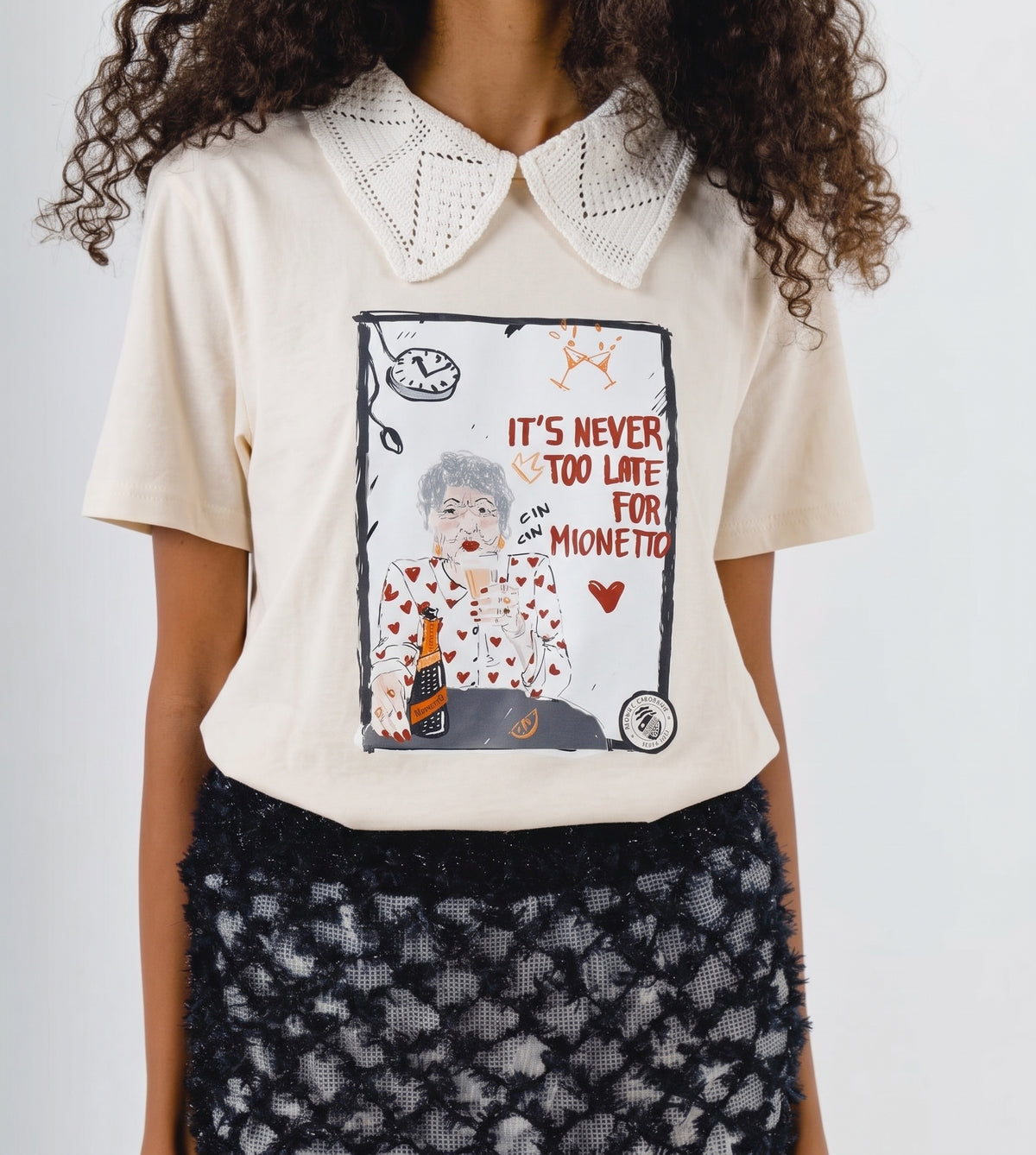 T-shirt It’s Never Too Late for Mionetto Crochet Collar
